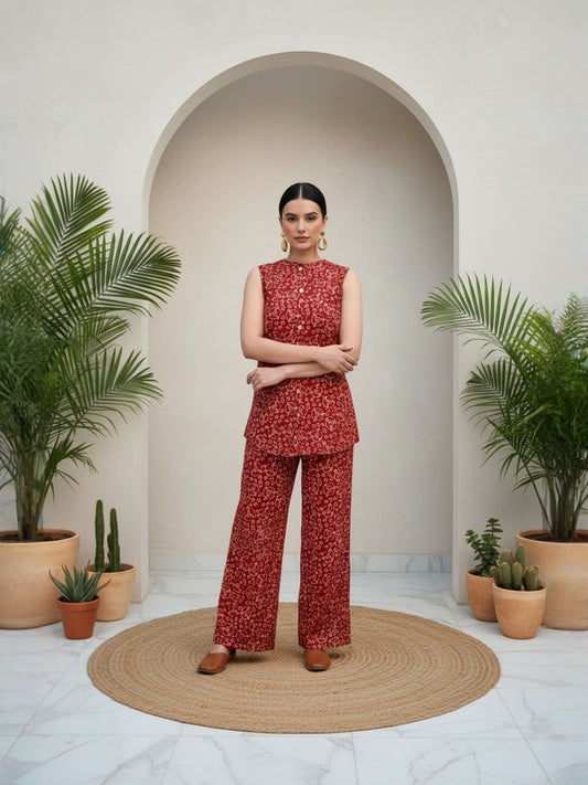 Romantic Florals Maroon Pure Cotton Sleeveless Tunic & Palazzos Set