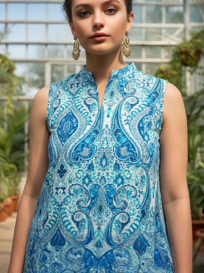 Turquoise Paisley Print Sleeveless Pure Cotton Co-ord Set