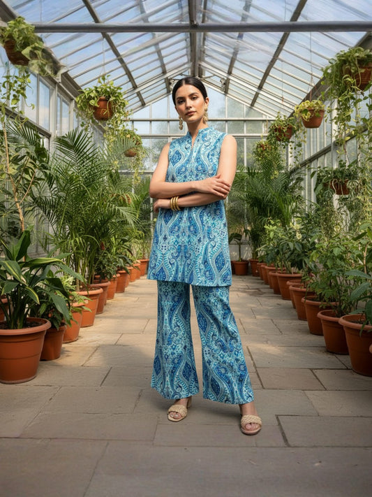 Turquoise Paisley Print Sleeveless Pure Cotton Co-ord Set