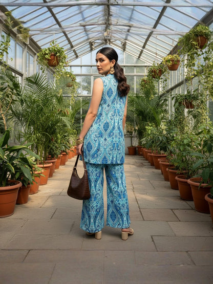 Turquoise Paisley Print Sleeveless Pure Cotton Co-ord Set