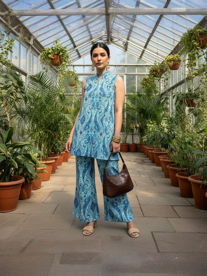 Turquoise Paisley Print Sleeveless Pure Cotton Co-ord Set