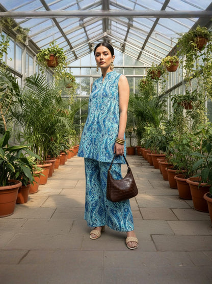 Turquoise Paisley Print Sleeveless Pure Cotton Co-ord Set