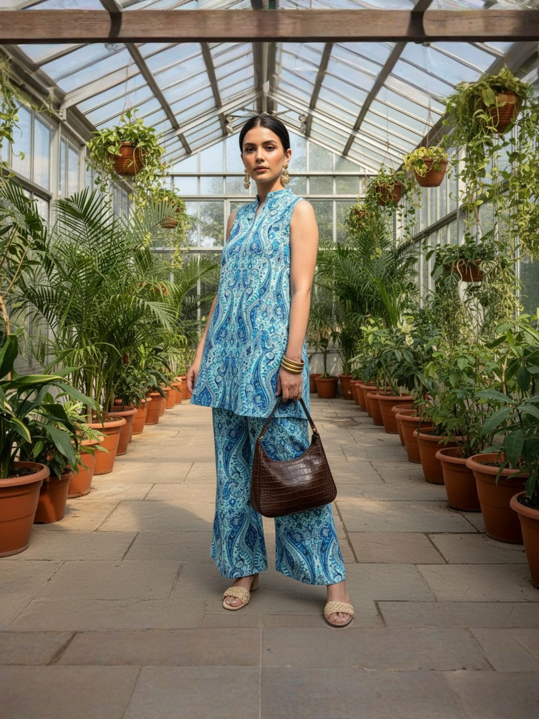 Turquoise Paisley Print Sleeveless Pure Cotton Co-ord Set