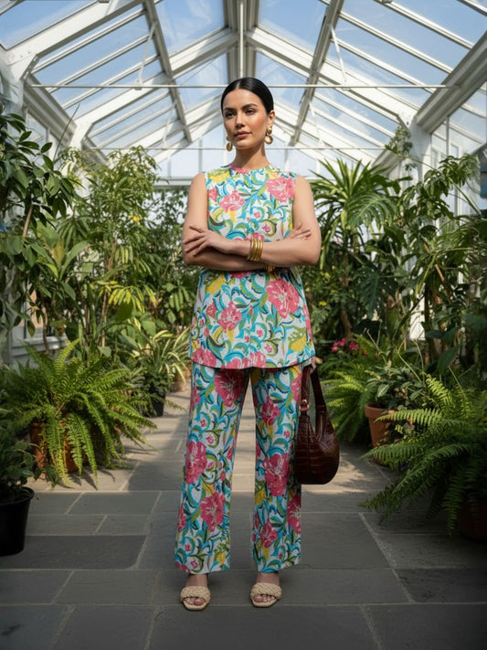 Romantic Florals Sea Green Pure Cotton V-Neck Tunic & Palazzos Set