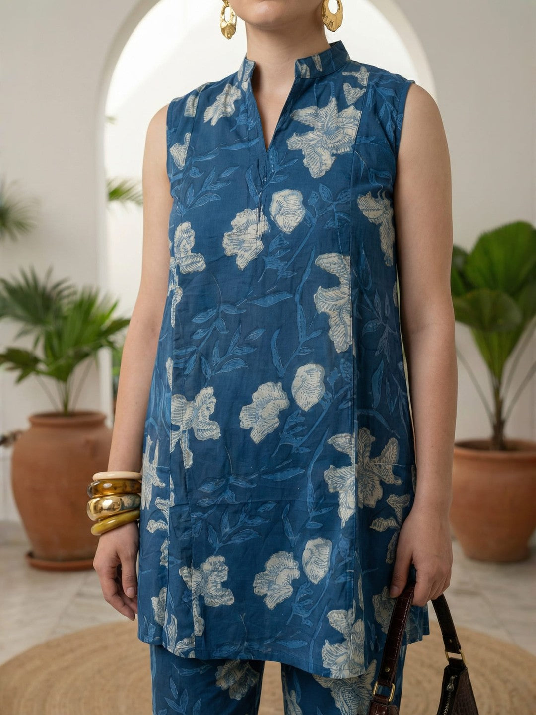 Sleeveless Indigo Printed Pure Cotton Set