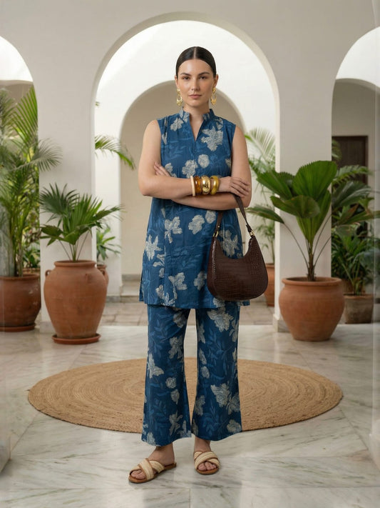 Sleeveless Indigo Printed Pure Cotton Set