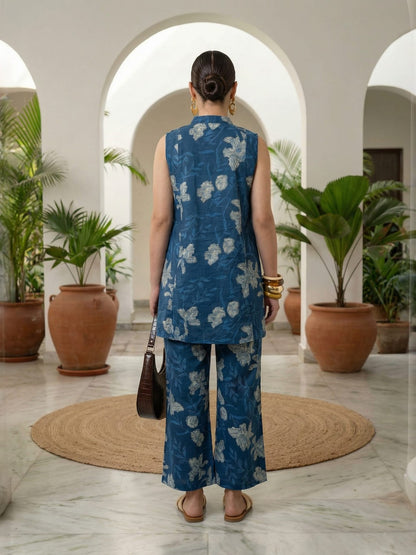 Sleeveless Indigo Printed Pure Cotton Set