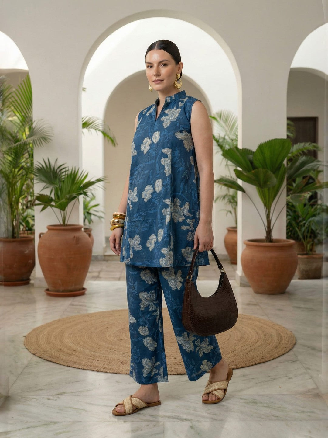 Sleeveless Indigo Printed Pure Cotton Set