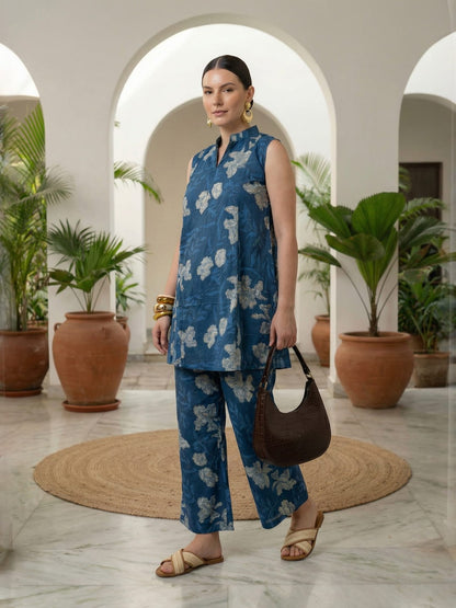Sleeveless Indigo Printed Pure Cotton Set