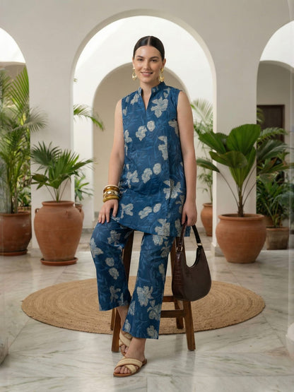 Sleeveless Indigo Printed Pure Cotton Set