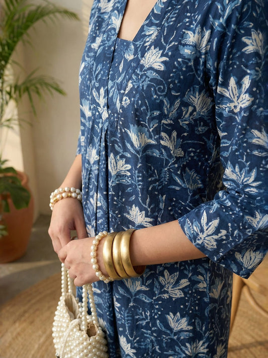 Indigo Floral Pure Cotton V-Neck Tunic & Palazzos Co-ord Set