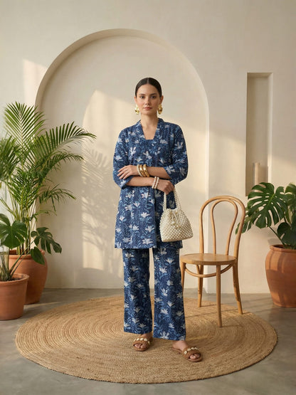 Indigo Floral Pure Cotton V-Neck Tunic & Palazzos Co-ord Set