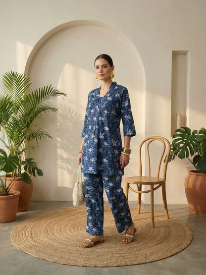 Indigo Floral Pure Cotton V-Neck Tunic & Palazzos Co-ord Set