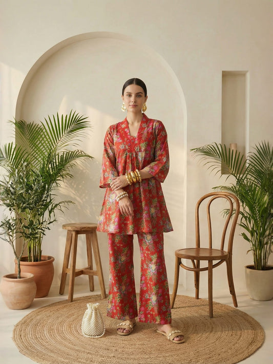 Romantic Florals Red Pure Cotton Flared Tunic & Palazzos Co-ord Set