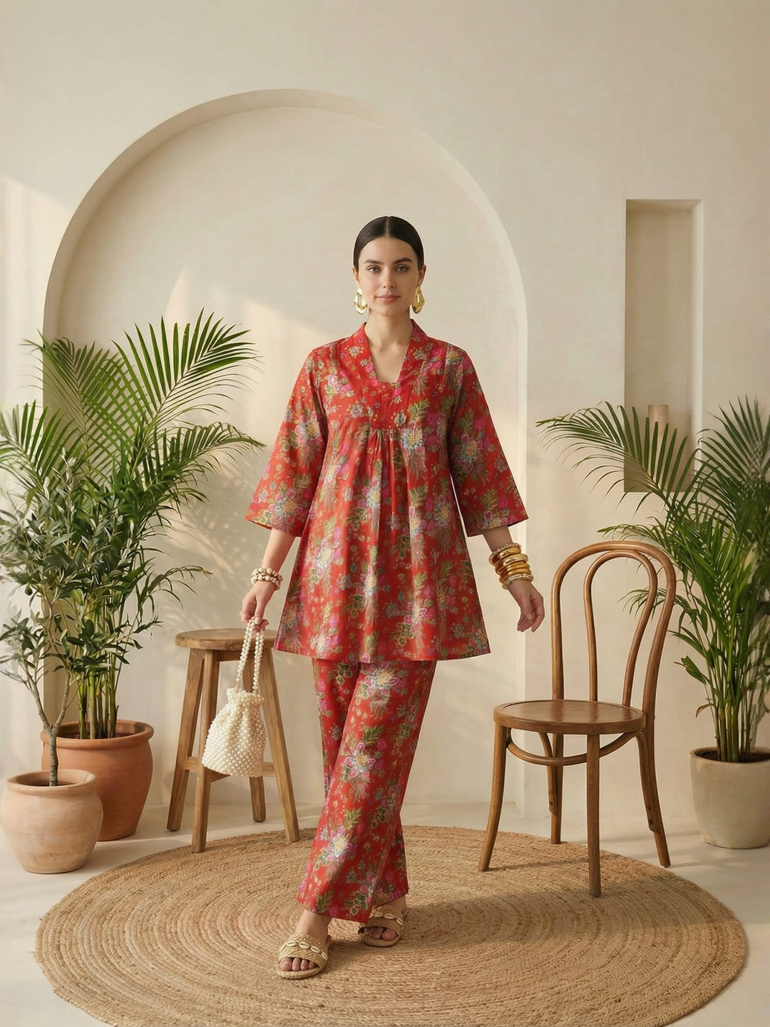 Romantic Florals Red Pure Cotton Flared Tunic & Palazzos Co-ord Set