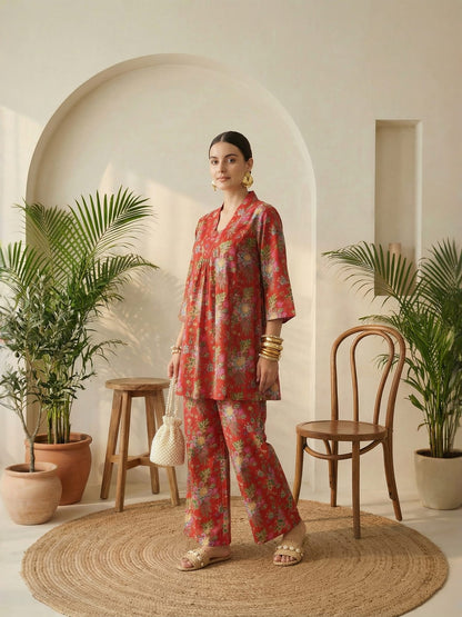 Romantic Florals Red Pure Cotton Flared Tunic & Palazzos Co-ord Set