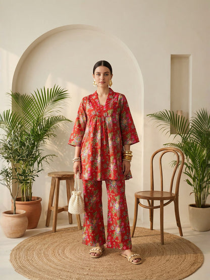 Romantic Florals Red Pure Cotton Flared Tunic & Palazzos Co-ord Set