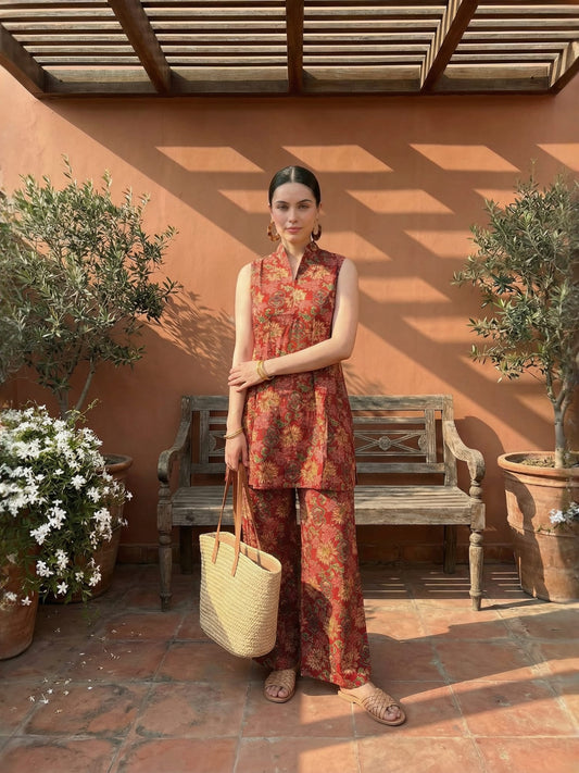 Maroon Hand Block Print Pure Cotton Sleeveless Co-ord Set