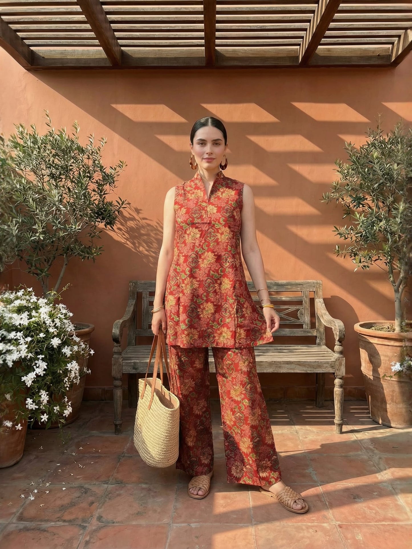 Maroon Hand Block Print Pure Cotton Sleeveless Co-ord Set