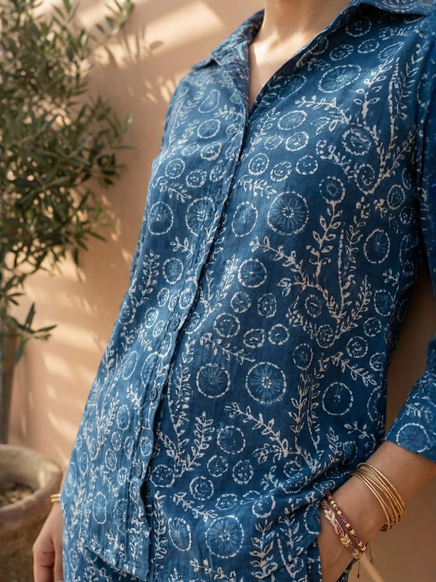 Indigo Floral Pure Cotton V-Neck Tunic & Palazzos Co-ord Set