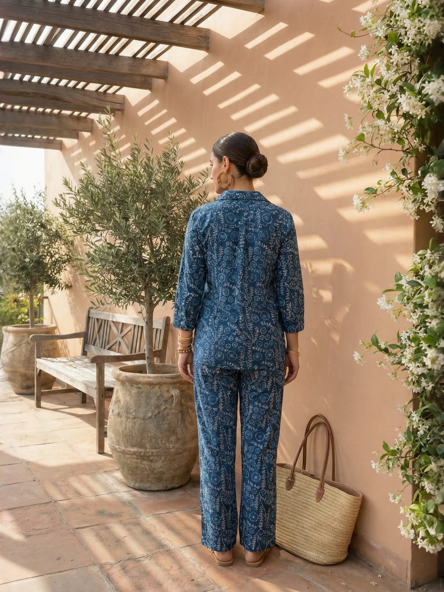 Indigo Floral Pure Cotton V-Neck Tunic & Palazzos Co-ord Set