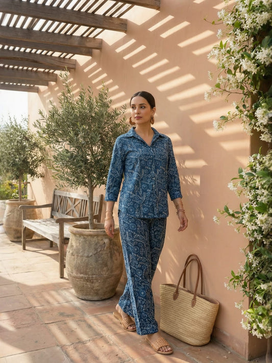 Indigo Floral Pure Cotton V-Neck Tunic & Palazzos Co-ord Set