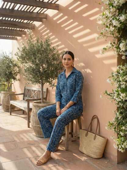 Indigo Floral Pure Cotton V-Neck Tunic & Palazzos Co-ord Set
