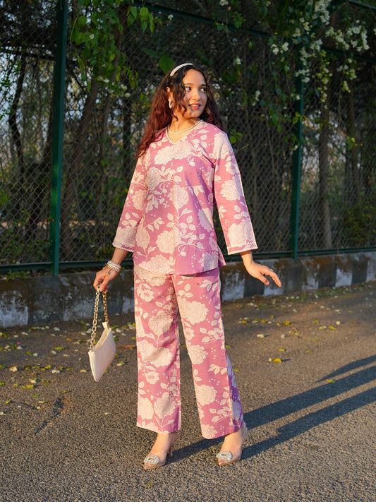 Romantic Florals Pure Cotton Pink Printed Tunic with Trousers