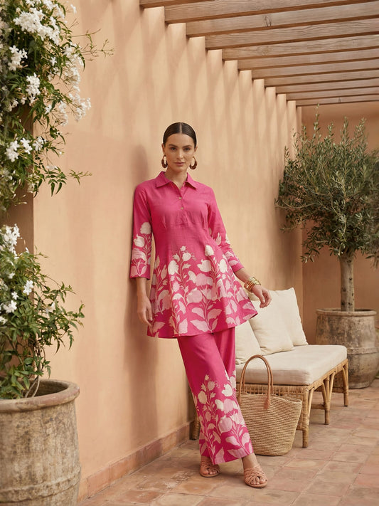 Pink Floral Pure Cotton Shirt Collar Tunic & Trousers Set