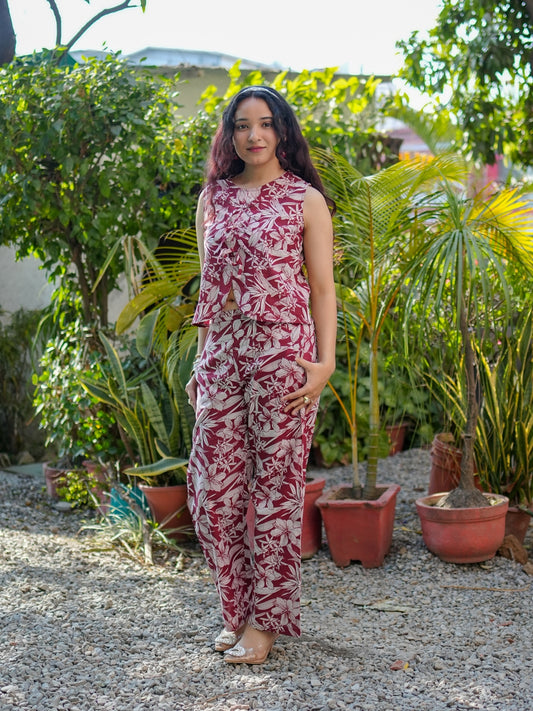 Maroon Floral Printed Pure Cotton Top & Palazzos Co-ord Set