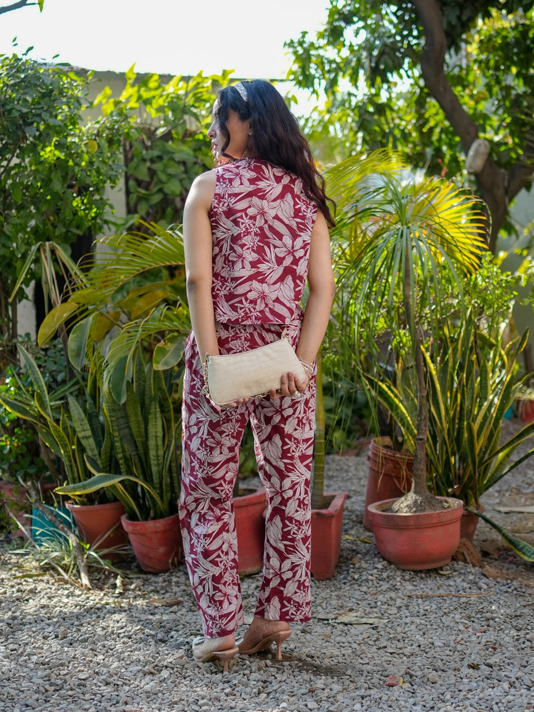 Maroon Floral Printed Pure Cotton Top & Palazzos Co-ord Set