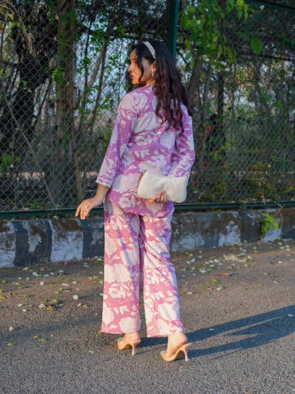 Romantic Florals Pure Cotton Pink Printed Tunic with Trousers