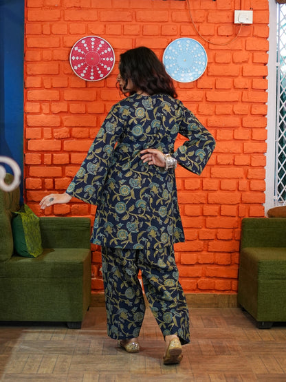 Navy Blue Floral Fusion Pure Cotton Tunic & Trousers Set