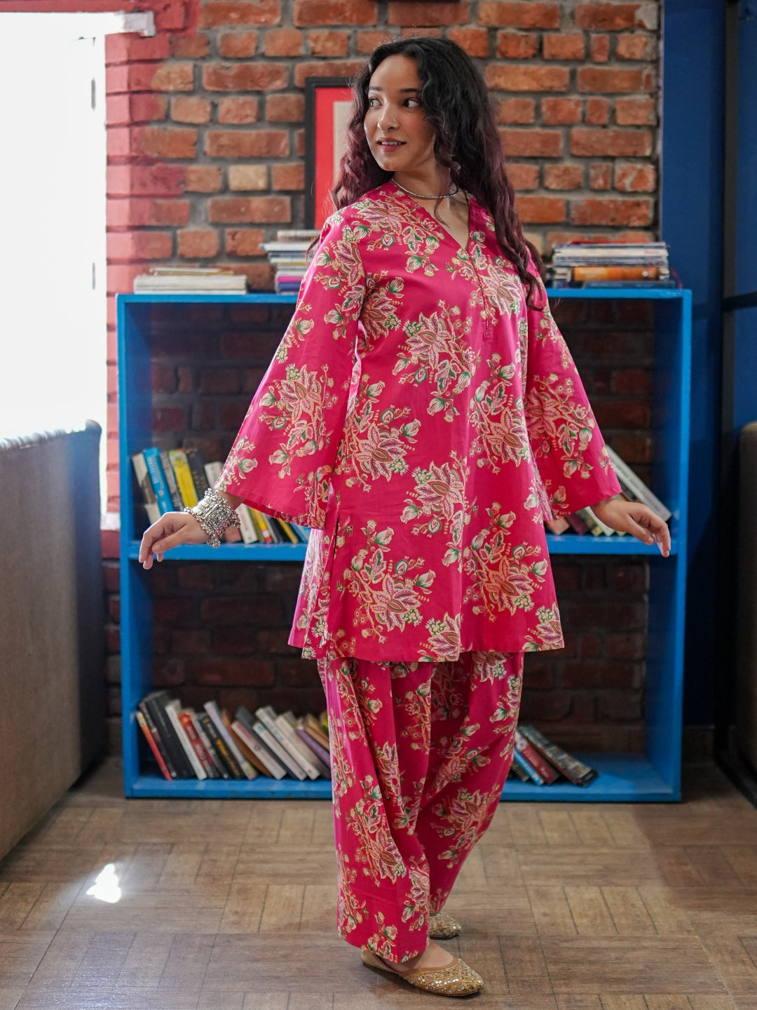Pink Floral Fusion Pure Cotton Tunic and Trousers Co-ord Set