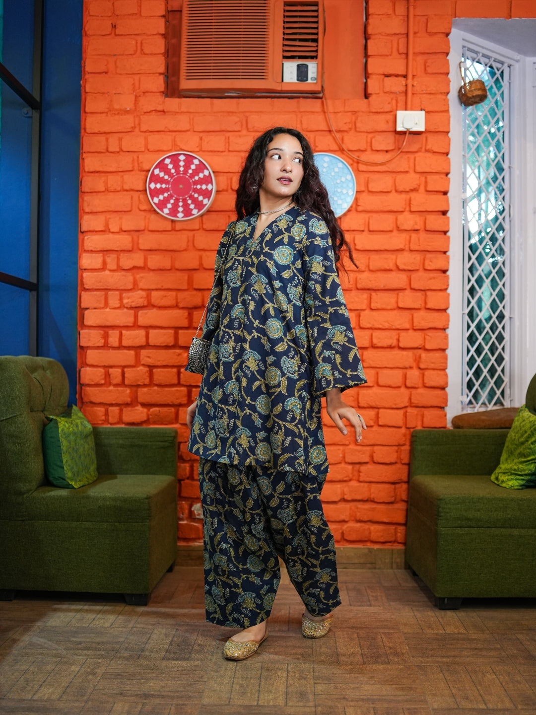 Navy Blue Floral Fusion Pure Cotton Tunic & Trousers Set