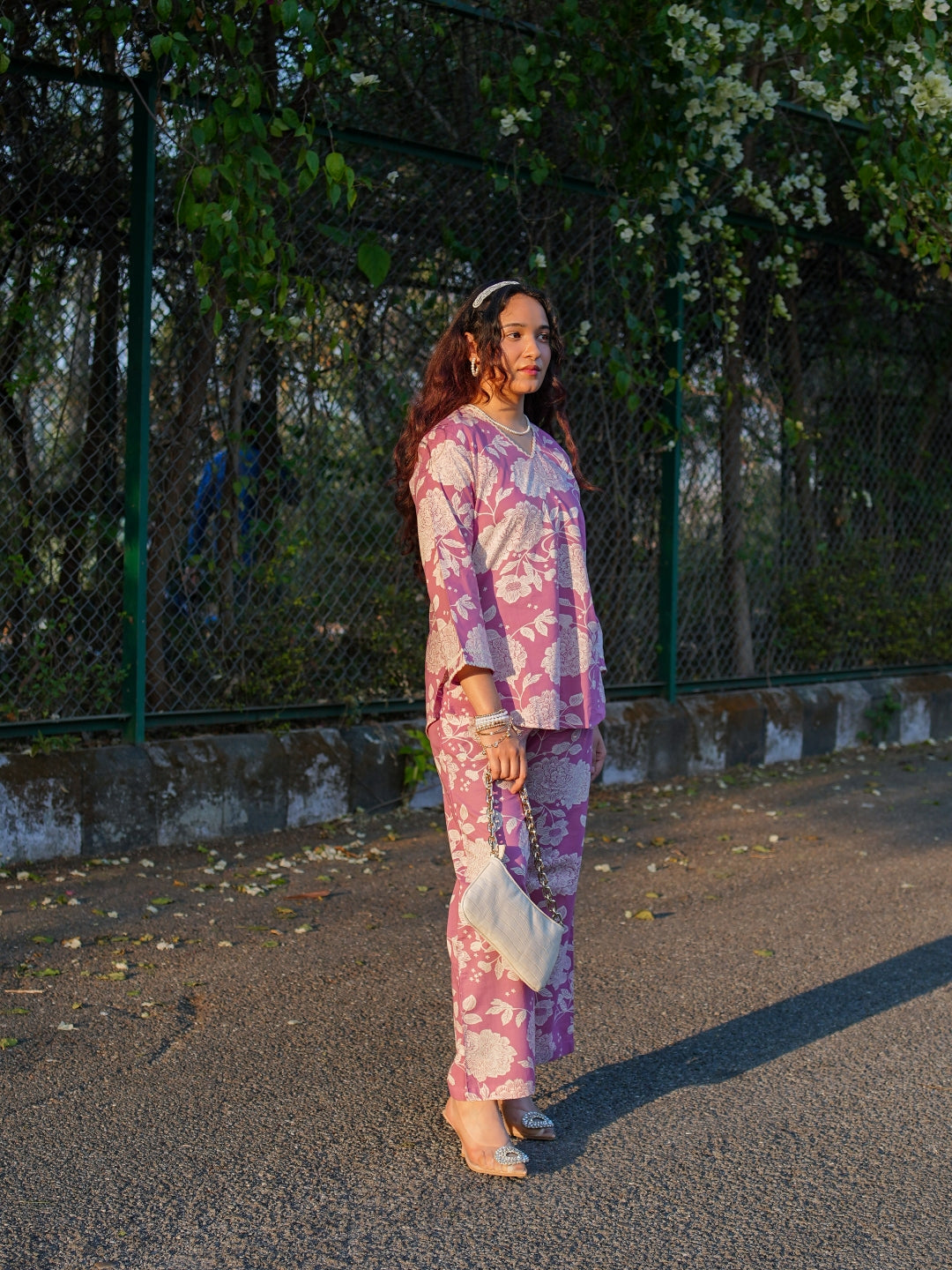 Romantic Florals Pure Cotton Pink Printed Tunic with Trousers