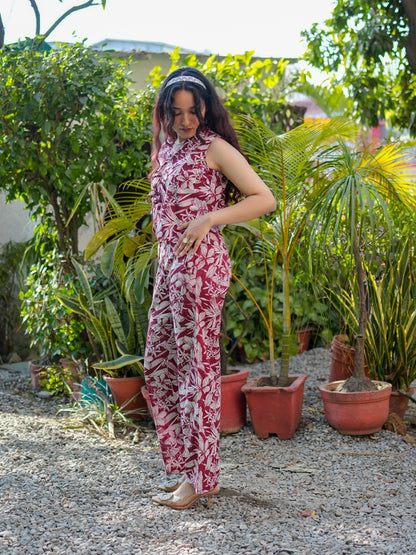 Maroon Floral Printed Pure Cotton Top & Palazzos Co-ord Set