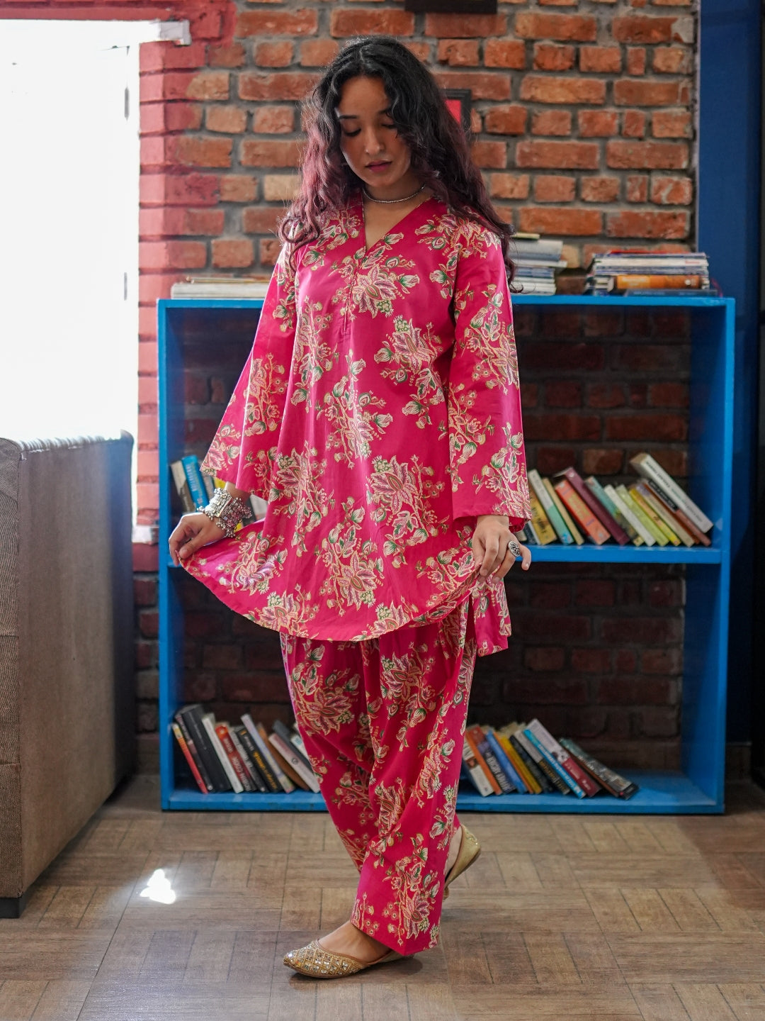 Pink Floral Fusion Pure Cotton Tunic and Trousers Co-ord Set