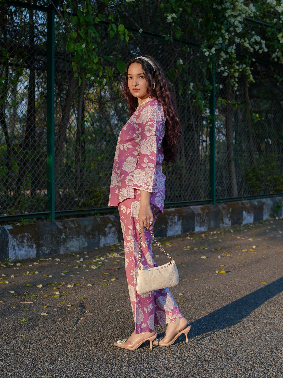 Romantic Florals Pure Cotton Pink Printed Tunic with Trousers