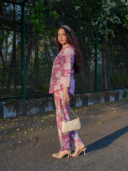Romantic Florals Pure Cotton Pink Printed Tunic with Trousers
