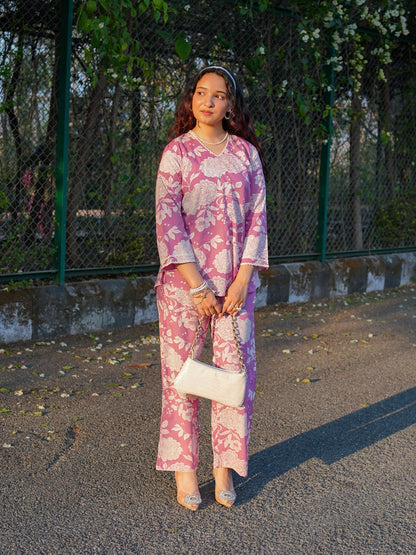 Romantic Florals Pure Cotton Pink Printed Tunic with Trousers