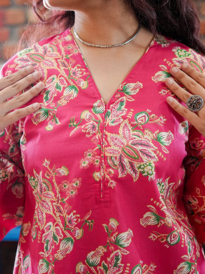 Pink Floral Fusion Pure Cotton Tunic and Trousers Co-ord Set