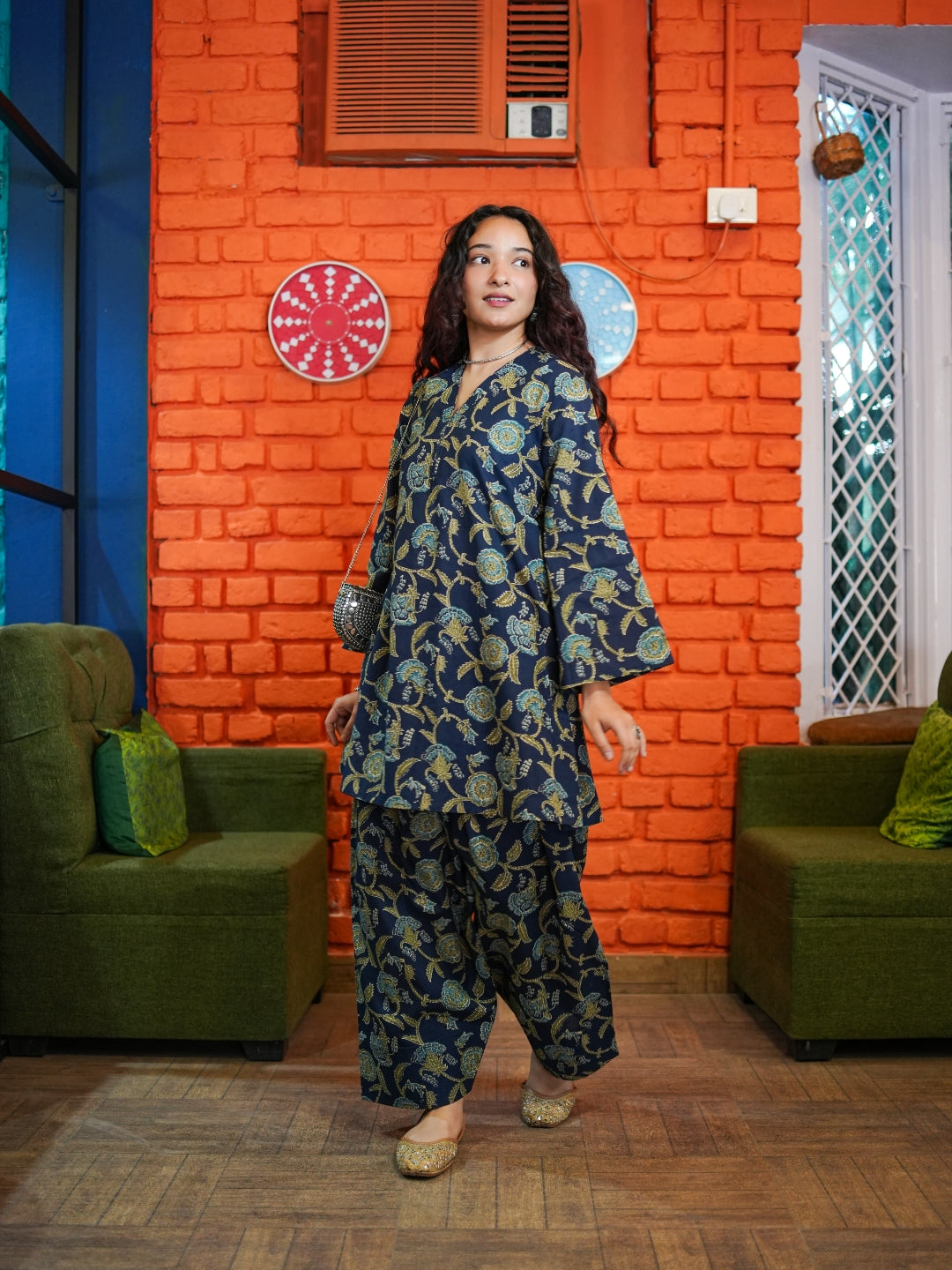 Navy Blue Floral Fusion Pure Cotton Tunic & Trousers Set