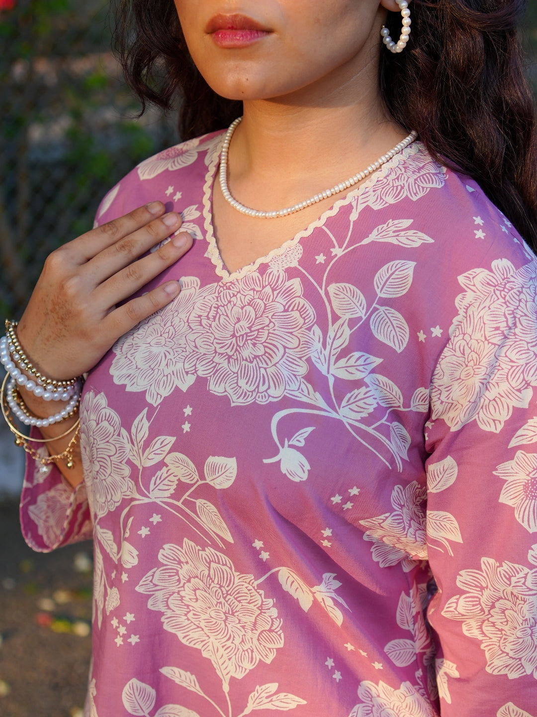 Romantic Florals Pure Cotton Pink Printed Tunic with Trousers