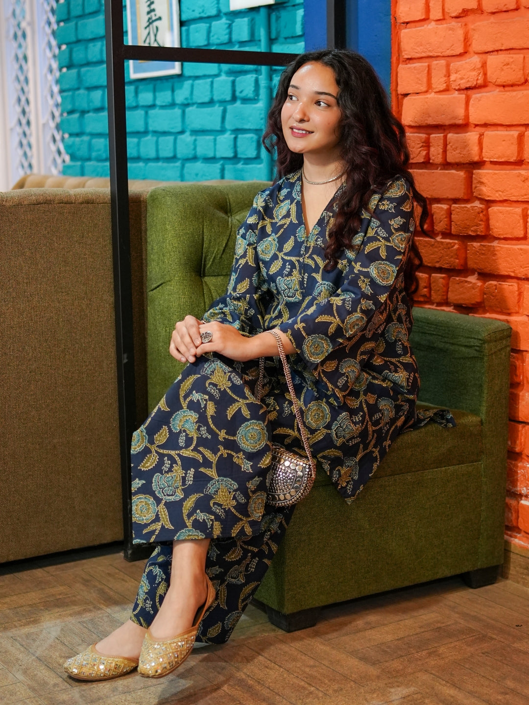 Navy Blue Floral Fusion Pure Cotton Tunic & Trousers Set
