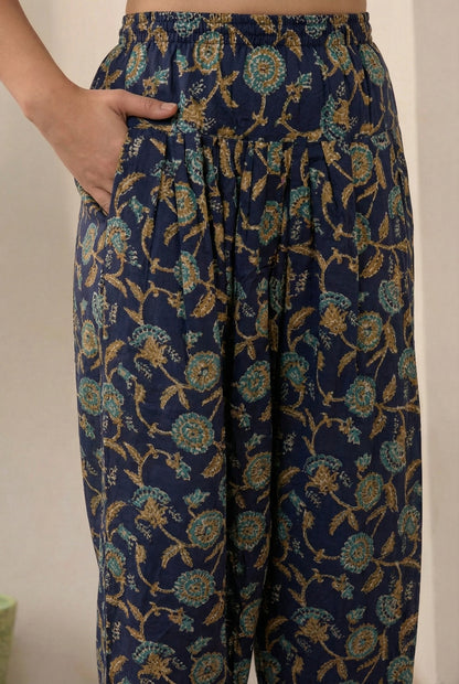 Navy Blue Floral Fusion Pure Cotton Tunic & Trousers Set
