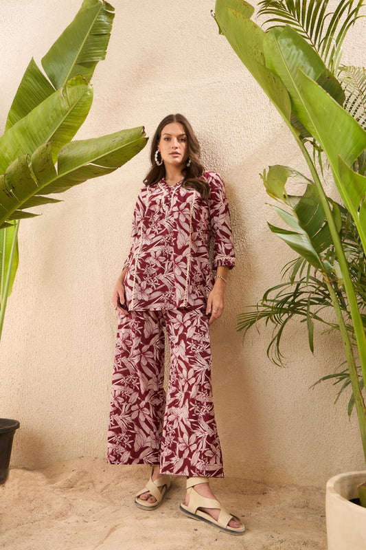 Brown Floral Pure Cotton V-Neck Top & Trouser Co-Ord Set