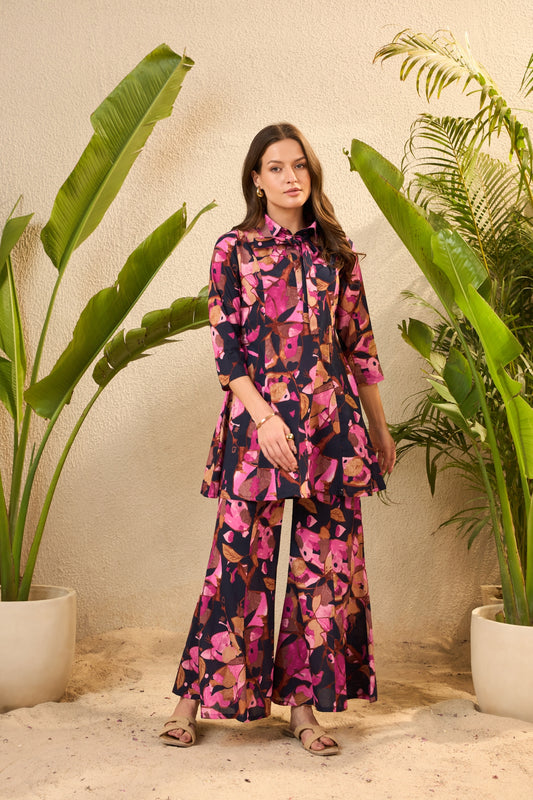 Navy Floral Pure Cotton Tunic & Palazzo Co-Ord Set