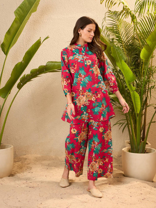 Pink Floral Pure Cotton Mandarin Neck Tunic & Palazzo Co-Ord Set