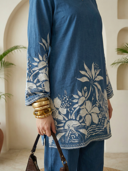 Romantic Florals Blue Pure Cotton V-Neck Top & Trousers Set